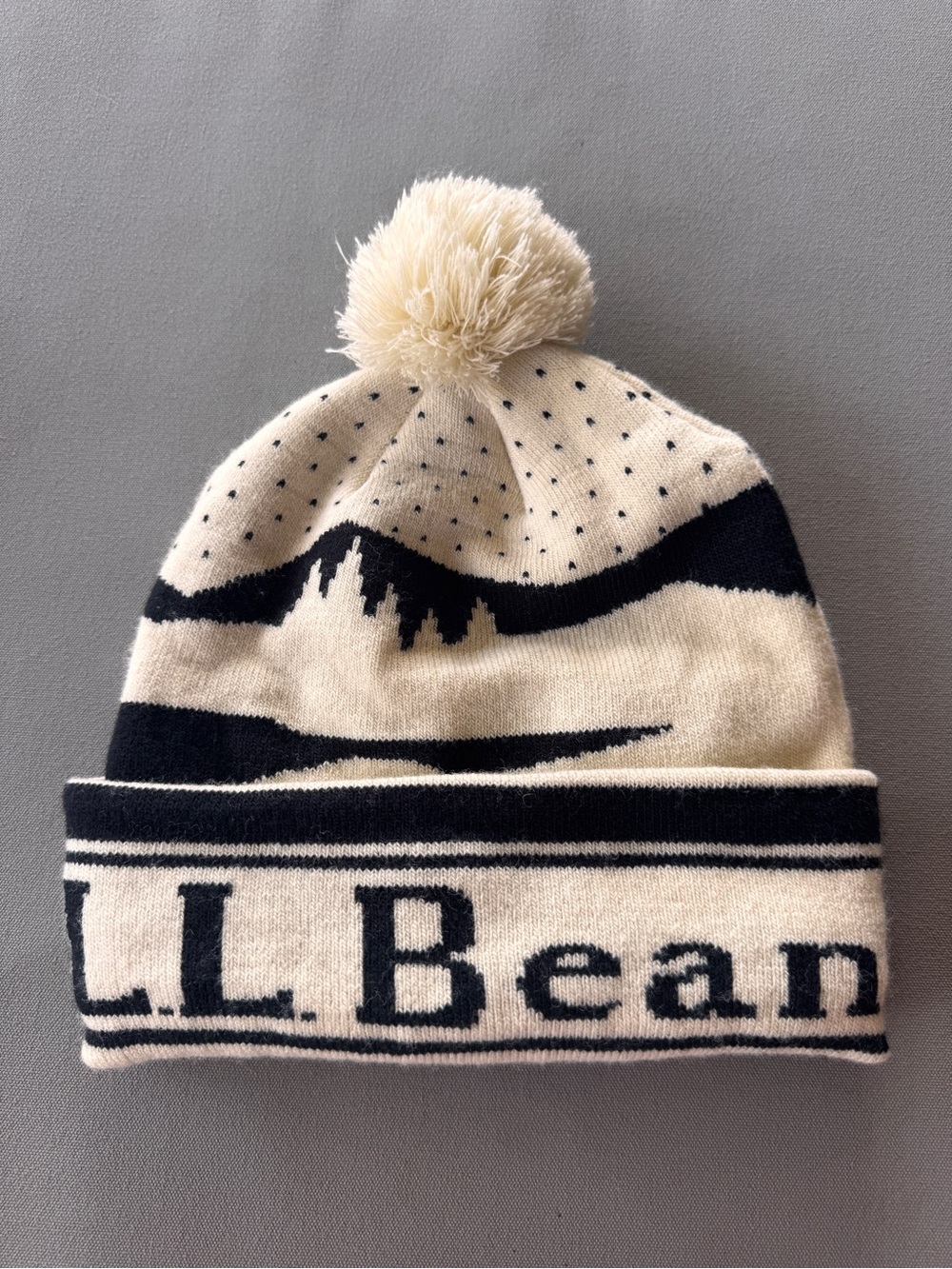 L.L.Bean Mountain Landscape Pom Beanie Cream Black Logo Knit Winter Hat OSFA